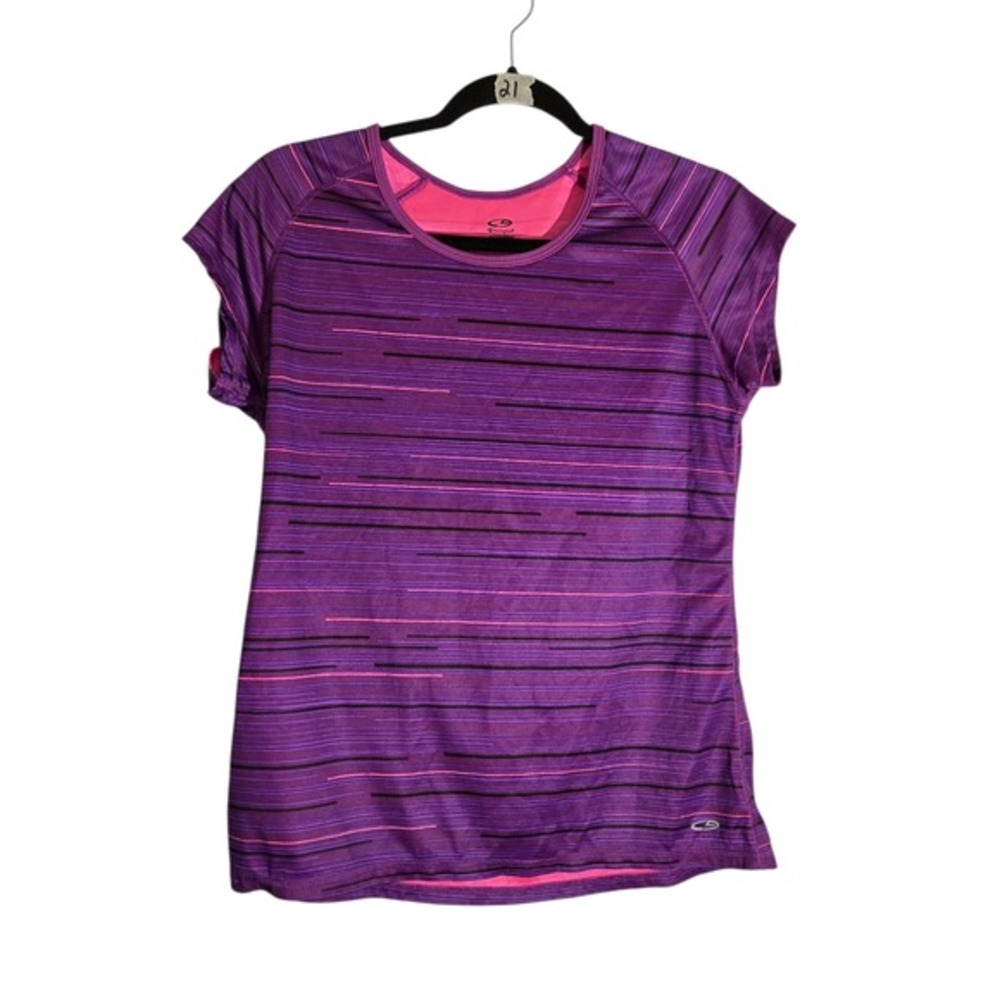 Champion‎ C9 Duo Dry Womens Large Purple Pink Striped Athletic Shirt S9806-PBT